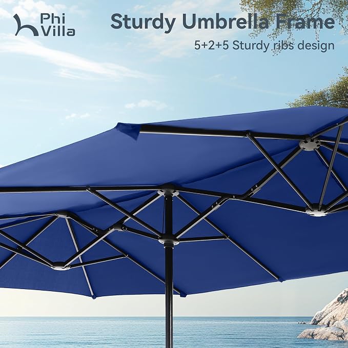 PHI VILLA Outdoor Table Chairs Set for 6, Patio Metal Furniture w/Umbrella | 60" wrought iron rectangle table & swivel chairs w/ cushions. 13ft blue umbrella. 7 pcs furniture set for deck, porch