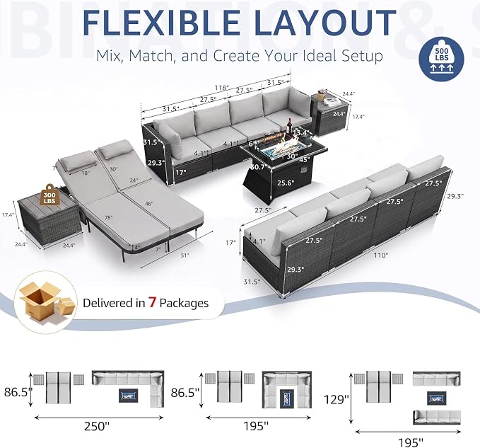 NICESOUL 13 Piece Outdoor Sectional w/Fire Pit Table, Luxury Modular Patio Furniture Set w/Chaise Lounge, Plus 29.3'' High-Back Seating Sofa, All-Weather Deck Couch for Poolside, Yard, Light Grey