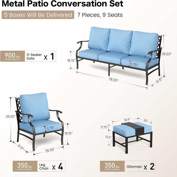 SUNSHINE VALLEY 7 Piece Metal Outdoor Patio Furniture Set, Patio Conversation Sets 1 3-seater Sofa, 4 Fixed Chair, 2 Ottomans with 5.75" Thick Cushion, Black All-weather Frame Backyard Furniture, Blue