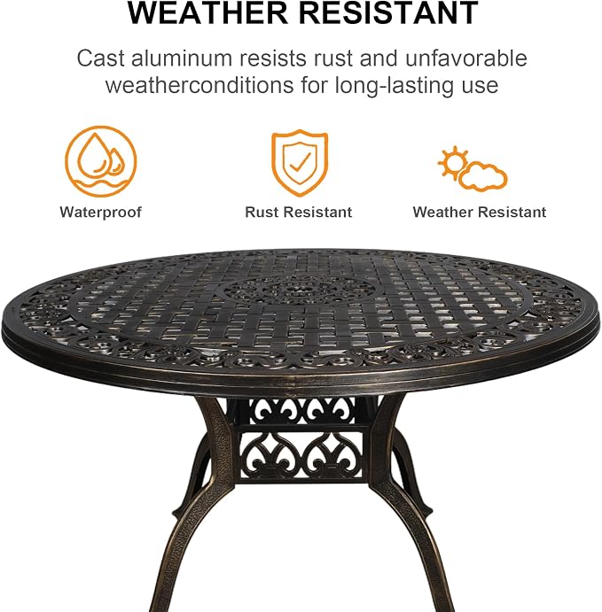 Outdoor Dining Table for 4-6 Person, 48.23" Cast Aluminum Patio Table with 2.36" Umbrella Hole, Outdoor Bistro Table for Backyard, Garden, Patio