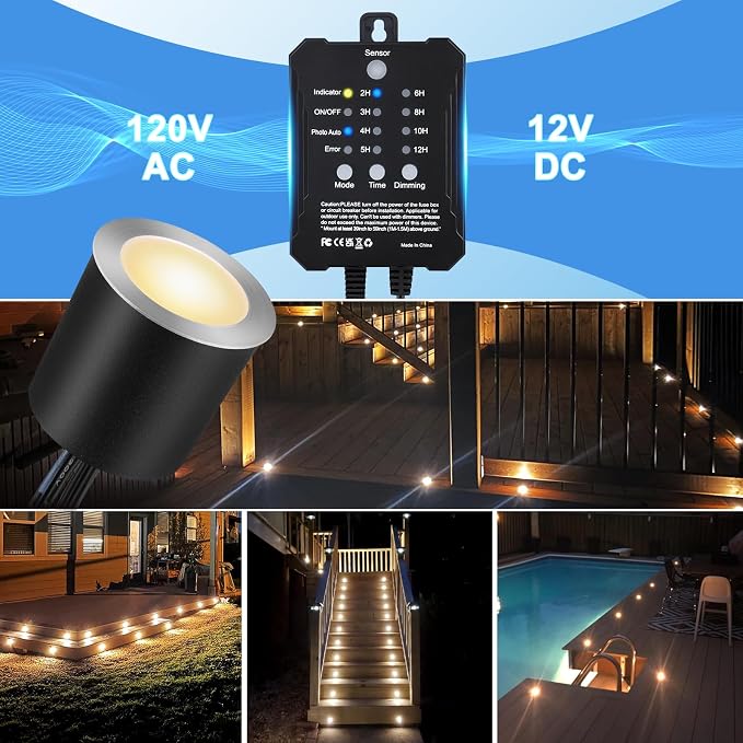 Dimmable LED Deck Lights with Timer and Photocell Sensor and Protecting Shell φ32mm,20Pack Outdoor LED Smart Deck Lighting IP67 Waterproof for Garden,Yard Stair, Patio, Floor Decoration