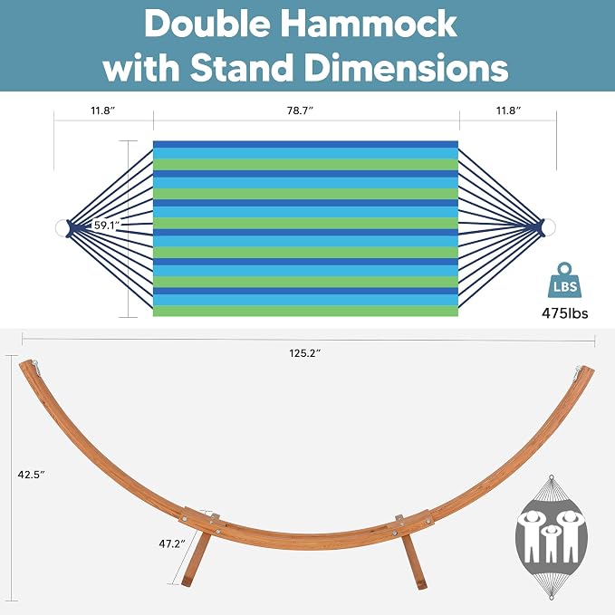 SUNCREAT Hammocks Double Hammock with 10 ft Wooden Stand Included, Outdoor Hammocks for Outside, 475 lbs Capacity, Green
