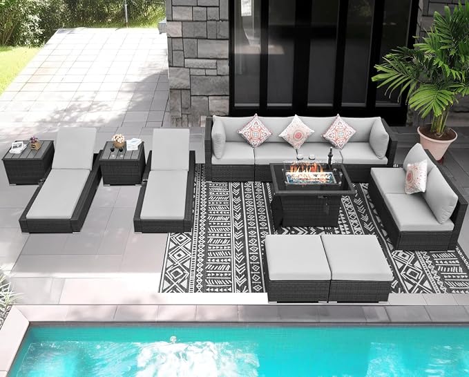 NICESOUL 13 Piece Patio Sectional w/Fire Pit, Modular Wicker Outdoor Couch w/Chaise Lounge, Large Size 29.3'' High-Back Deep Conversation Seating, All-Weather Backyard Movie Furniture, Light Grey