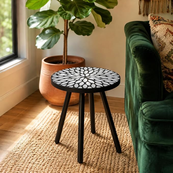 Laurel Outdoor Side Table, 18" Mosaic Round Accent Table with Ceramic Tile Tabletop and Steel Frame, Indoor Small Decorative Plant Stand & End Table for Living Room, Patio, Garden - Black/White