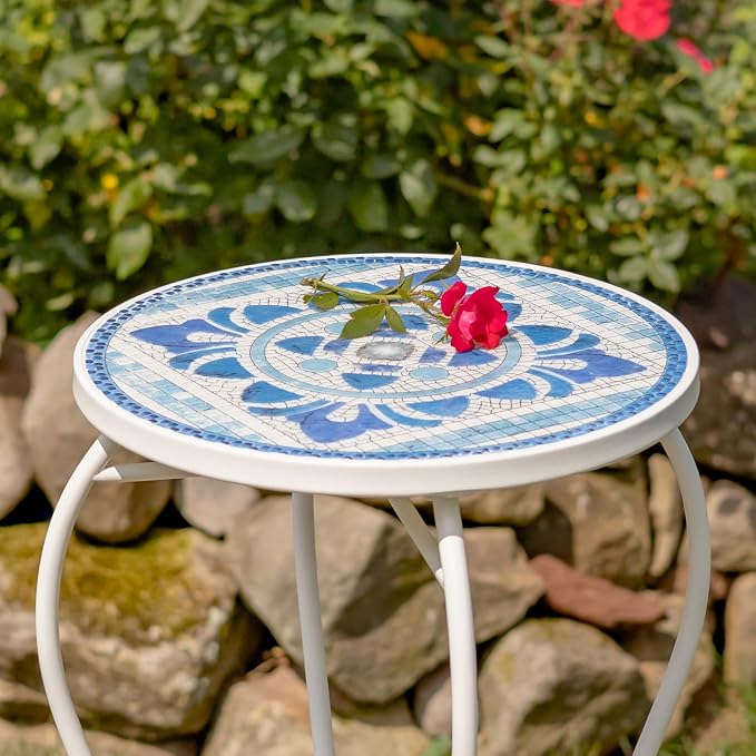 Zaer Ltd. Mosaic Tile Furniture with White Metal Frame and Patterned Tile Tops (Cape May - White/Blue, Pedestal Plant Stand)