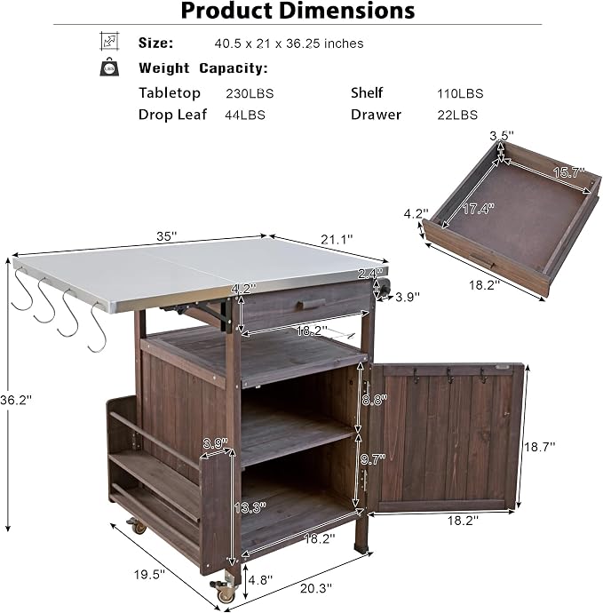 Solid Wood Outdoor Small Grill Table Kitchen Island with Stainless Steel Drop Leaf, Farmhouse Serving Cart with Drawer and Wheels, Outdoor Side Bar Table for Patio, Lawn Garden, Kitchen, Brown