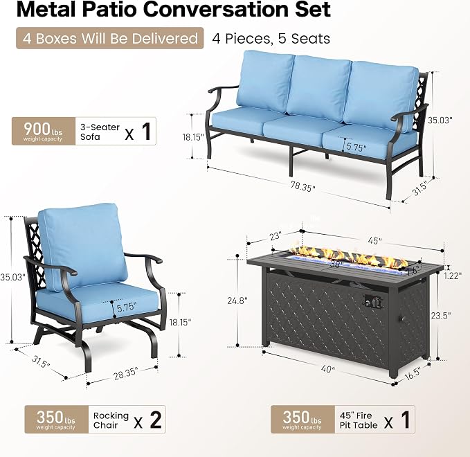 SUNSHINE VALLEY 4 Piece Metal Outdoor Patio Furniture Set with 5000 BTU Firepit Table, Patio Conversation Sets 1 3-seater Sofa, 2 Rocking Chair with 5.75" Thick Cushion, Black Backyard Furniture, Blue