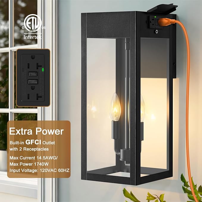 2-Pack 17.87" Extra Large Outdoor Wall Lights with GFCI Outlet, Black 2-Light Porch Lights Outdoor, Waterproof Exterior Lamp with E12 Sockets for House, Porch, Patio, Garage