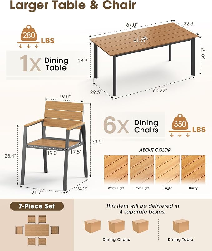 Outdoor Dining Set, Aluminum Patio HDPS Outdooor Table and Chairs Set with Umbrella Hole, All Weather Patio Furniture Set, Patio Dining Table Set ,Gray & Teak ,7 Pieces