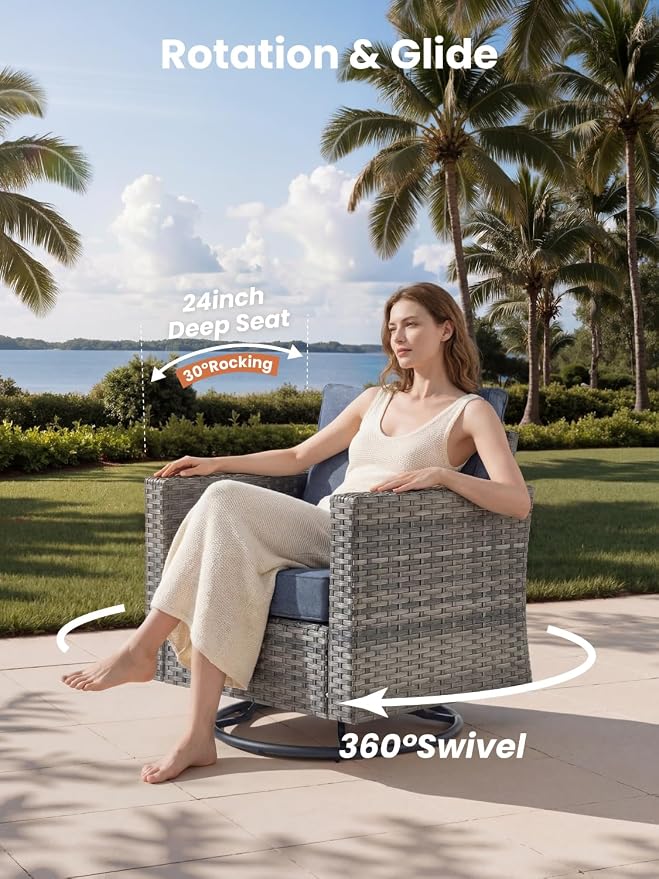 ovios 11 Piece Outdoor Patio Furniture Set with Fire Pit Table,Conversation Sectional Wicker Couch with Swivel Chairs,Modern Outside Sofa for Balcony Backyard, Blue