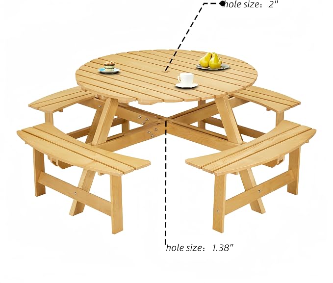 8-Person Outdoor Picnic Round Table with Built-in Benches | All-Weather Wooden Patio Furniture for Gardens, Backyards and Porches | Includes 2" Umbrella Hole (Natural, 70.08"*70.08"*27.17")