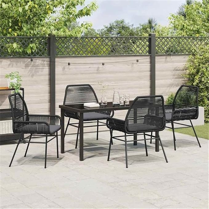 Afuera Living 5 Piece Poly Rattan Garden Dining Set, Black Tempered Glass Table and Cushions, Powder-Coated Steel Frame, UV-Resistant, Modern Outdoor Patio Furniture for Garden or Deck