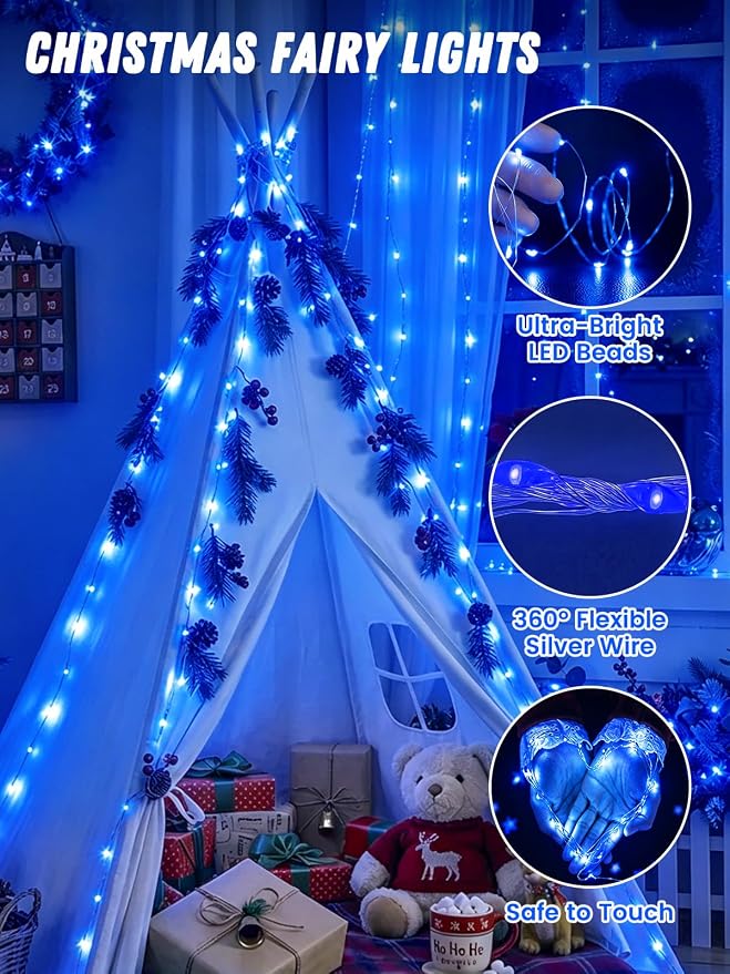 4 Pack 60 LED Fairy Lights Battery Operated with Timer, String Lights Blue | 20 FT, Cuttable Copper Wire, Waterproof Battery Lights for Indoor Outdoor, Wedding, Birthday, Bedroom, Christmas Decorations