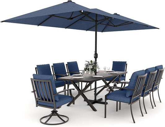 Gotland 9 Piece Outdoor Dining Table and Chairs for 8 with 14Ft Double-Sided Umbrella, Rectangular Patio Dining Table with Umbrella Hole with 2 Swivel Rocking Dining Chairs Outdoor Patio Set