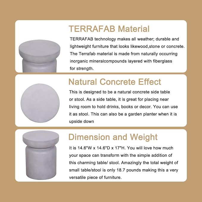 Afterglow Terrafab Concrete Look Side Table End Table Natural Decorative Garden Stools for Living Room Bedroom Patio Home Decor, Size: Ф14.6”* 17”H, Grey