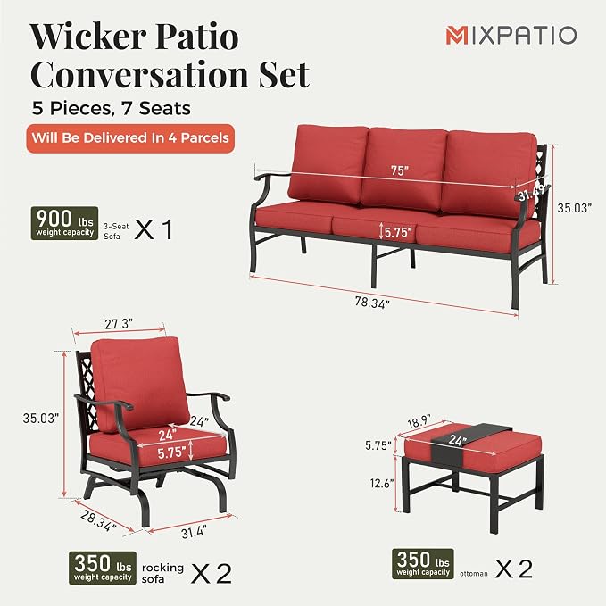 MIXPATIO Patio Furniture Set 5 pcs, Outdoor Patio Furniture, 3-Seat Sofa, 2 Rocking Chairs, 2 Ottomans and 5.75" Extra Thick Cushion, Patio Conversation Set for Garden Backyard Deck,Red