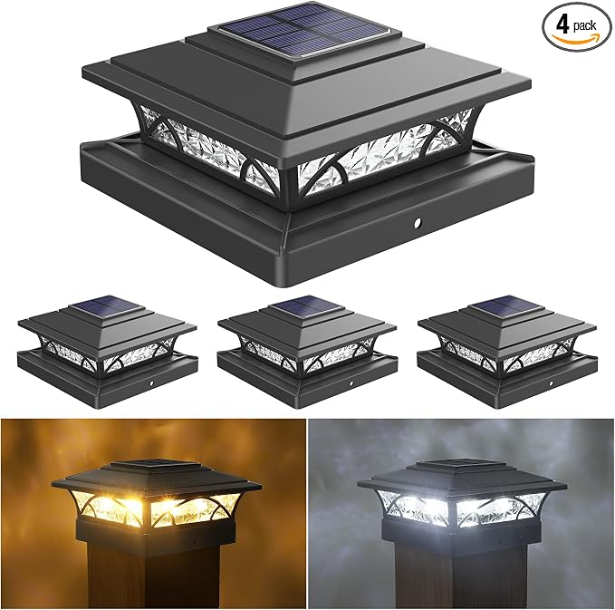 JOFIOS Solar Post Cap Lights Outdoor 4pack, Black Deck Fence Post Lights Solar Powered with 16LEDS 2 Lighting Modes, 4x4/5x5/6x6 Waterproof Fence Post Lights for Garden Patio Porch Backyard