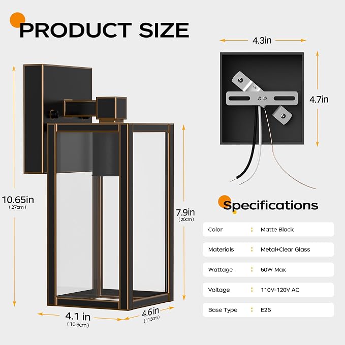Outdoor Front Porch Light Wall Mount, Exterior lighting fixtures for House | Waterproof, Anti-Rust Metal Frame, Tempered Glass, E26 Base, Easy Install, Wall Sconce for Patio, Garage, Entryway, Doorway