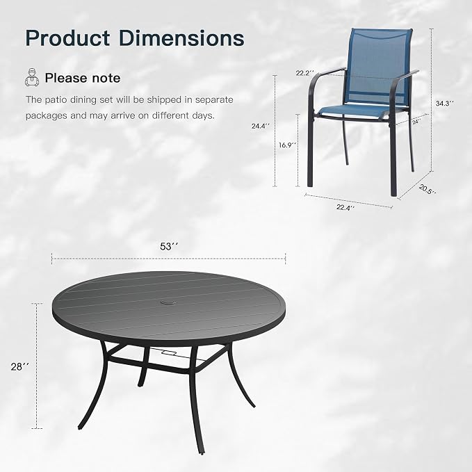 VICLLAX 9 Pieces Patio Outdoor Dining Set, 53" Round Metal Table with Umbrella Hole and 8 Stackable Textilene Chairs for Patio, Lawn, Garden, Porch, Black/Dark Blue