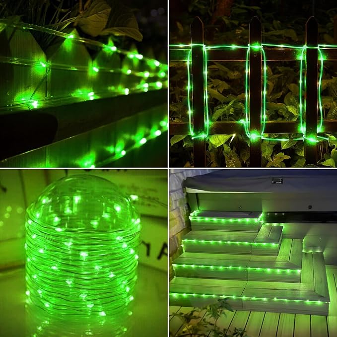 Jnaurb Solar Rope Lights, 66ft 200LED Solar String Lights, 8 Modes Waterproof Solar Outdoor Light, Flexible Clear Trampoline Light for Garden Backyard Patio Deck Porch Pool Tree Decor - Green