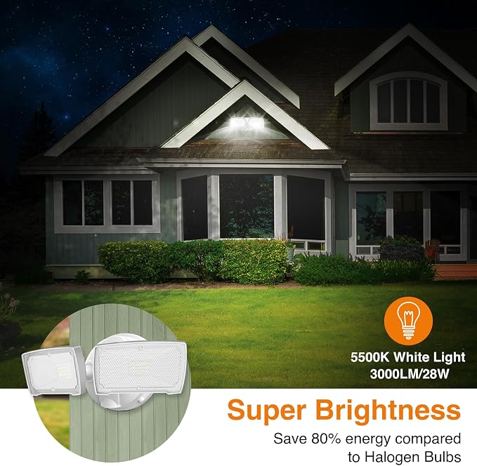LEPOWER 28W Flood Lights Outdoor - 3000LM Brightness LED Security Lights | Switch Controlled Wall Mount Exterior Flood Light with 2 Heads, 5500K, IP65 Waterproof for Garage, Yard, Porch, Garden, White