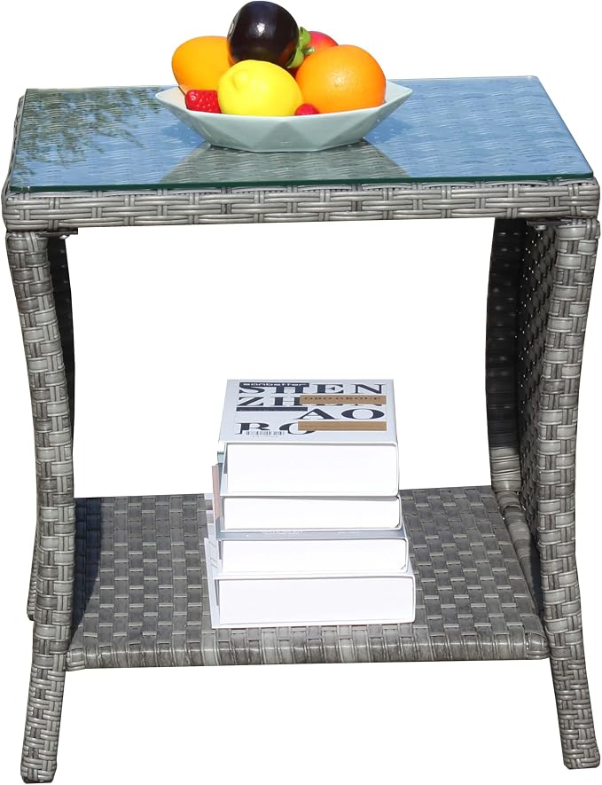 Outdoor Wicker Side Table, 19.25" Patio End Table with Storage & Tempered Glass Top, PE Rattan Coffee Table for Backyard Balcony Garden Lawn, 120 lbs Capacity, Grey