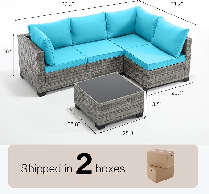 5-Piece Outdoor Patio Furniture Set, Gray PE Rattan Sectional Sofa with Turquoise Cushions and Steel Frame, Coffee Table Included, Modular Outdoor Conversation Set for Patio Garden Poolside