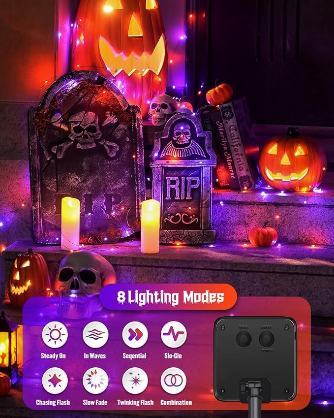 JMEXSUSS Solar Halloween Lights Orange and Purple, 2 Pack Total 200LED 66FT | Outdoor Waterproof, 8 Mode Black Wire Solar Fairy String Lights for Outside Yard Patio Garden Spooky Party Decorations