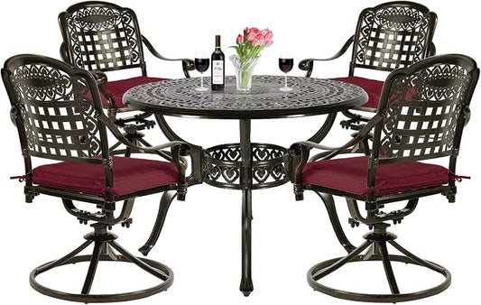 VIVIJASON 5-Piece Outdoor Patio Dining Set, All-Weather Cast Aluminum Conversation Set, Patio Furniture Set for Backyard, Include 4 Swivel Chairs, a 38.5" Round Table w/Umbrella Hole, Red Cushion