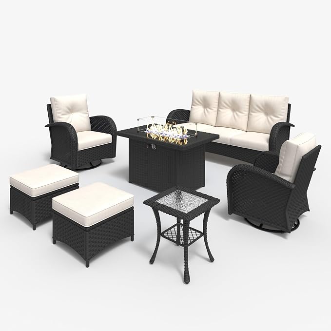 LayinSun 7 Pieces Outdoor Patio Furniture Set with Fire Pit Table, Rattan Wicker Sectional Swivel Rocker Chairs Sets