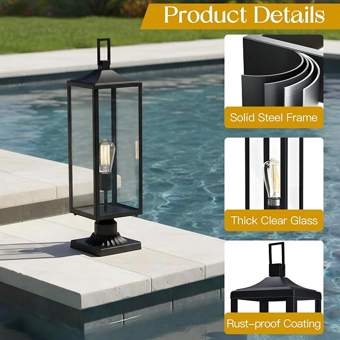 25.6” Hardwired Outdoor Post Lamp for Residential Sidewalk Lamp Post Outdoor Lighting for Exterior Gate Post Pier Mount Lights Large Size Steel and Glass 25.6inch Exterior Pillar Lantern, E26
