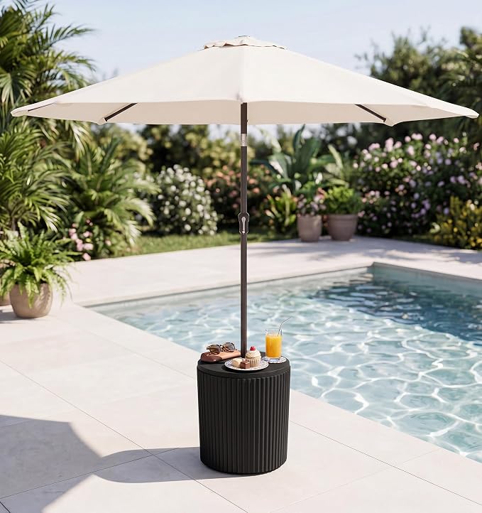 SERWALL Round Outdoor Umbrella Side Table Set of 2 - Outdoor Patio Table with Umbrella Hole for Porch/Patio/Poolside, Black