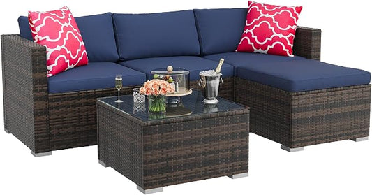 GAOMON 5-Piece All-Weather Patio Furniture Set, Convertible Outdoor Sectional Sofa with Ottoman & Tempered Glass Table, PE Rattan Conversation Set for Garden, Backyard, Porch, Poolside