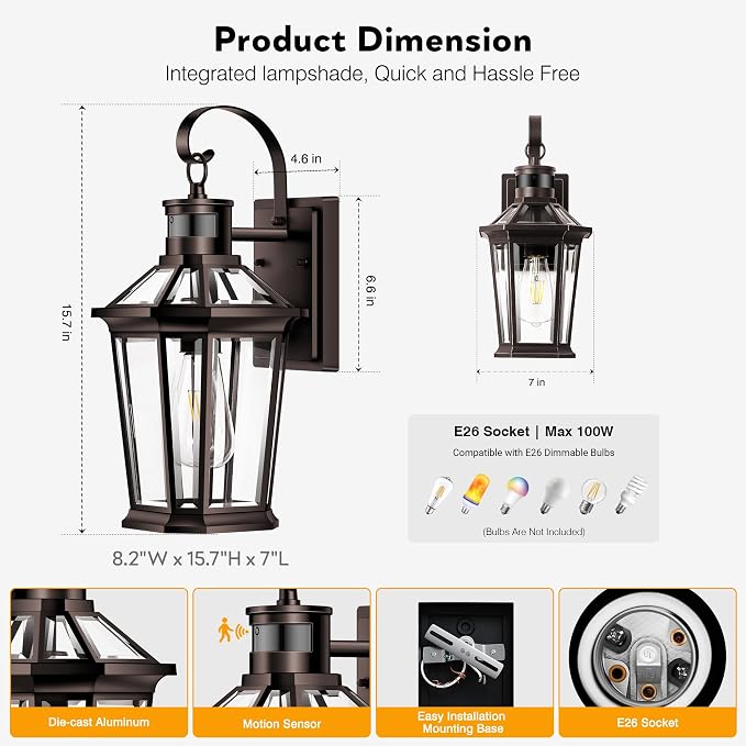 VIANIS Bronze Motion Sensor Outdoor Light, Dusk to Dawn Outdoor Lighting Wall Mount, Waterproof Exterior Light Fixtures for House, 100% Anti-Rust Aluminum Outside Wall Sconce for Front Porch Garage