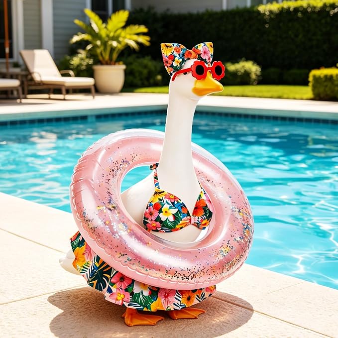 23 in Porch Goose Summer Outfit Bikini, Hawaiian Porch Goose Swimsuit Clothes Costume Accessories with Bow Glasses Swim Ring for 23" Summer Goose Garden Patio Statue Decor (Flower)