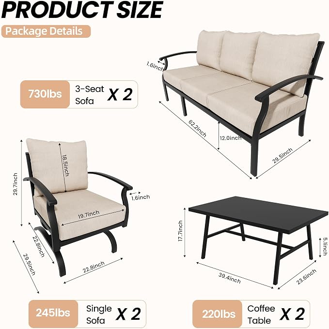 Metal Patio Furniture Set,6 Pieces 8 Seats Patio Sectional Outdoor Furniture Set with 2 Rectangular Coffee Tables,Patio Conversation Sets with 5.1" Thickened Cushions,Sand