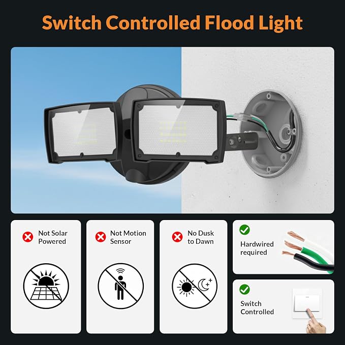 LEPOWER 28W Flood Lights Outdoor - 3000LM Brightness LED Security Lights | Switch Controlled Wall Mount Exterior Flood Light with 2 Heads, 5500K, IP65 Waterproof for Garage, Yard, Porch, Garden, Balck