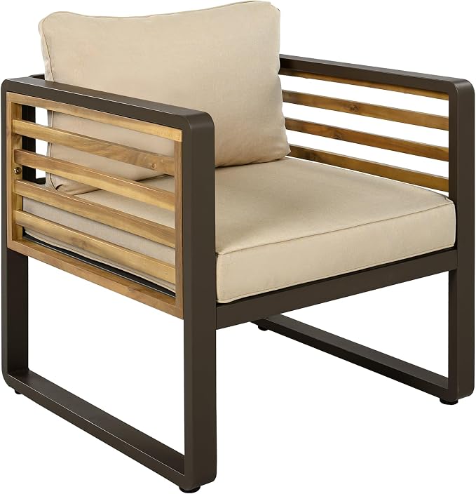 Large 4-Piece Outdoor Patio Sofa Set for 5 People,Garden Conversation Set with Removable Cushions,Metal & Wood Frame,Acacia Wood Tabletop,Modern Minimalist Design,Waterproof and UV-Proof, Brown