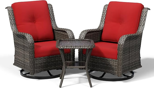 Joyside 3 Piece Wicker Patio Furniture Set, Outdoor Swivel Rocker Patio Chairs with High Back, Deep Seating, Wide Armrest, Thickened Cushions, Outdoor Furniture for Deck, Porch Use