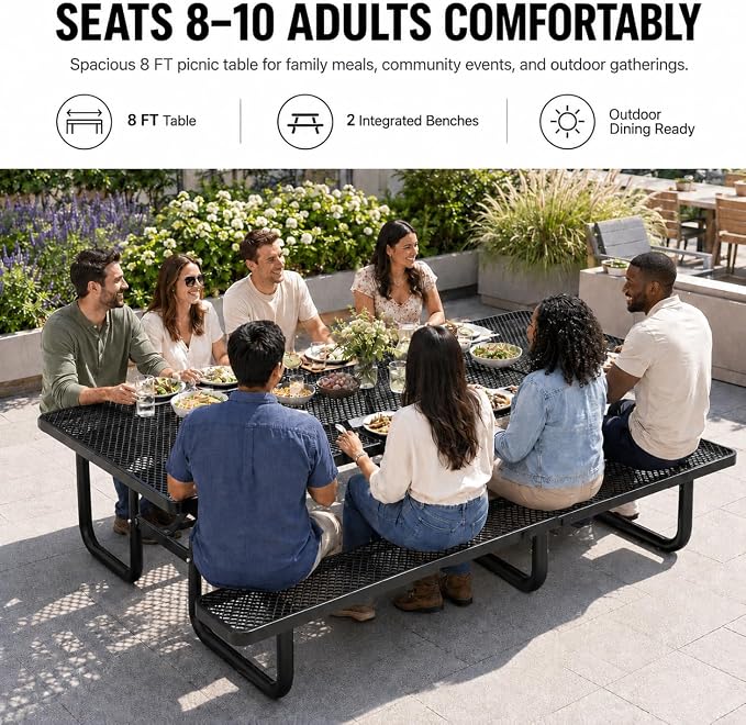 8 FT Heavy Duty Outdoor Metal Picnic Table with Umbrella Hole, Commercial Grade Steel Picnic Table with Benches, Seats 8-10 Adults, Weather Resistant for Backyard, Park, School & Campground