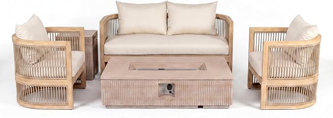 Christopher Knight Home Eden 5 Piece Patio Furniture Set with MGO Fire Pit+Tank Holder, 4-Seater Outdoor Acacia Wood Conversation Set with Cushions and Rectangular Fire Table,Light Teak+Beige+Natural