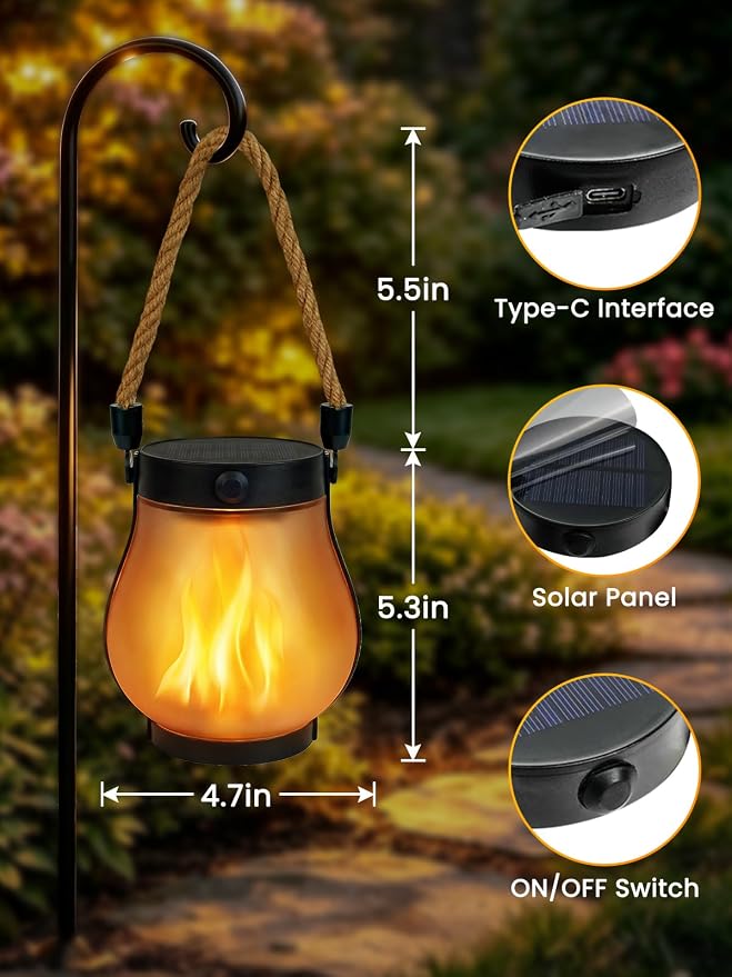 4 Pack Solar Flame Lanterns Outdoor Waterproof | USB & Solar Powered, Waterproof, 2 Modes, Auto On/Off, Garden Fall Porches Table Decor