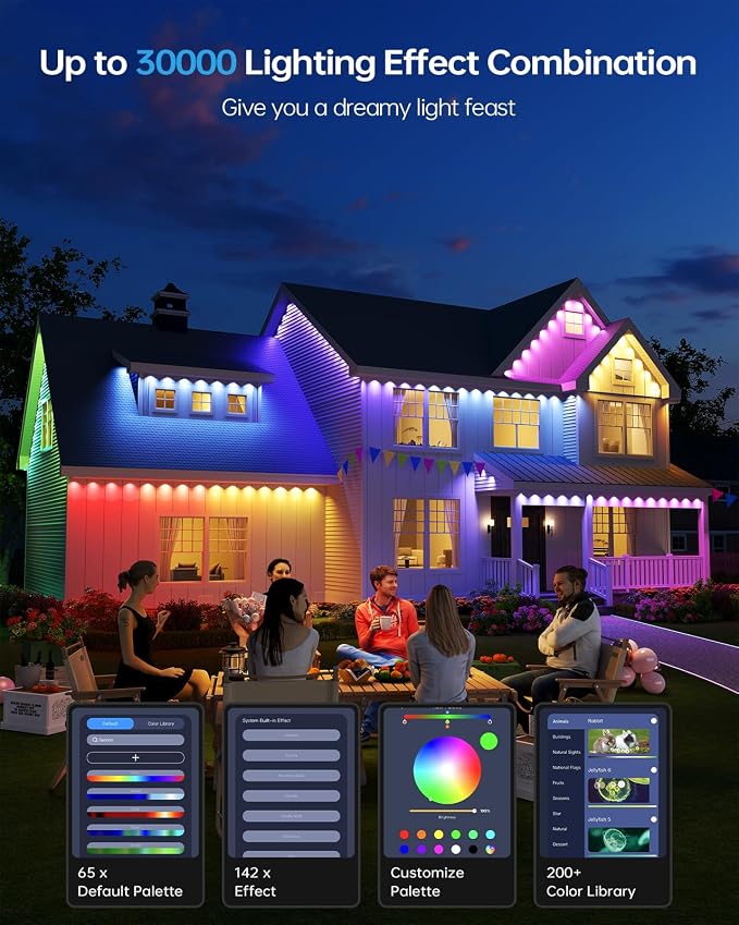 ASAHOM Permanent Outdoor Lights, 72 RGBCW LEDs, AI Lighting, 30,000 Effects | Dual Output, Extend to 800FT, IP67 Waterproof, Voice Control, for Halloween Christmas and Daily Lighting, 100FT, White, S107B