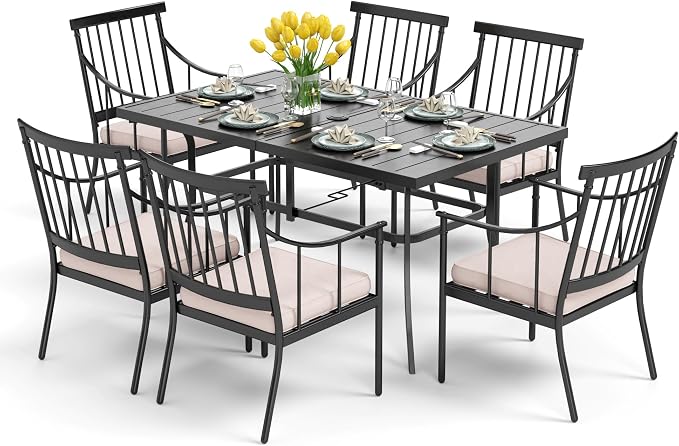 PHI VILLA 7 Piece Patio Dining Set, Rectangular Metal Table | Metal chairs, Fixed Chair, Umbrella Hole, adjustable, Cushions, powder-coated, 300 lb chair capacity