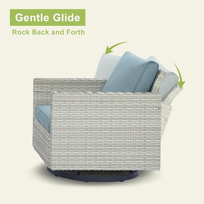 Outdoor Patio Swivel Rocker Chairs - Wicker Patio Swivel Rocking Chairs Set of 2 with Waterproof Wicker,Comfortable Cushions and Sturdy Metal Frame for Outside Porch Deck Backyard(Light Grey/Sky Blue)