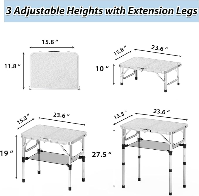 YihuiKo Small Folding Picnic Table with Storage Net, 3 Adjustable Heights 27.5" Aluminum Lightweight Portable Table with Carrying Handle for Camping Travel Indoor