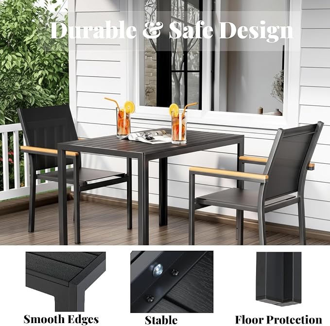 LIFERUN Outdoor Patio Table for 4-6 Person, 43×28in Rectangle Outdoor Dining Table with Wooden-Like Top and Aluminum Frame, Heat and Weather Resistant, Ideal for Garden, Patio, Poolside, Porch, Black