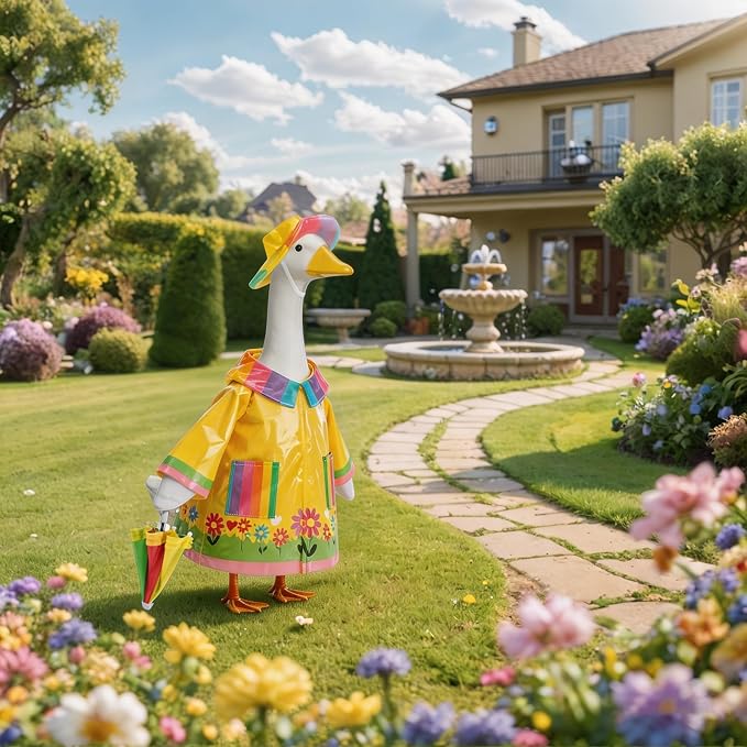 Raincoat Porch Goose Outfits, Spring Goose Clothes for Garden Decor | for 23" Cement/Plastic Goose Statue, Rainy Season Porch Goose Clothes & Umbrella & Hat, Lawn Goose Decor for Yard Statues