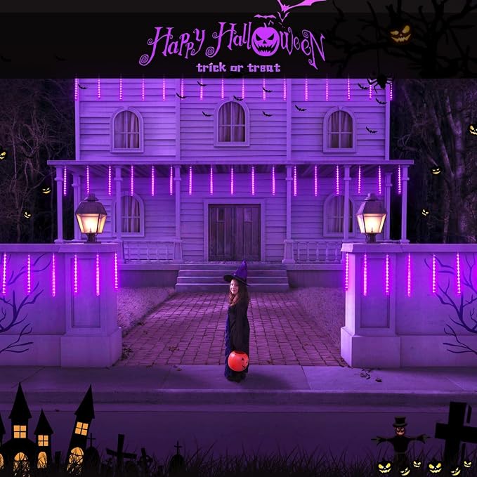 JMEXSUSS 2 Pack Purple Solar Halloween Lights, 16 Tube 288 LED | Solar Meteor Shower Rain Lights, Christmas Light Outdoor Waterproof for Tree Halloween Christmas Decorations
