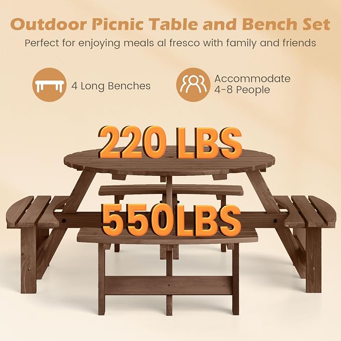 Giantex 8-Person Round Picnic Table Set with 4 Benches, 550 LBS Bench Capacity, 2" Umbrella Hole, Circular Outdoor Wood Dining Table & Chairs for Patio Yard Garden Porch Deck (71”x71”x28”,Brown)